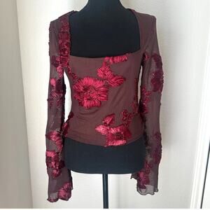 Fall Embroidered Bell Sleeve Brown/Red top, size 8, Boho, Fairy, Forest, Pixie
